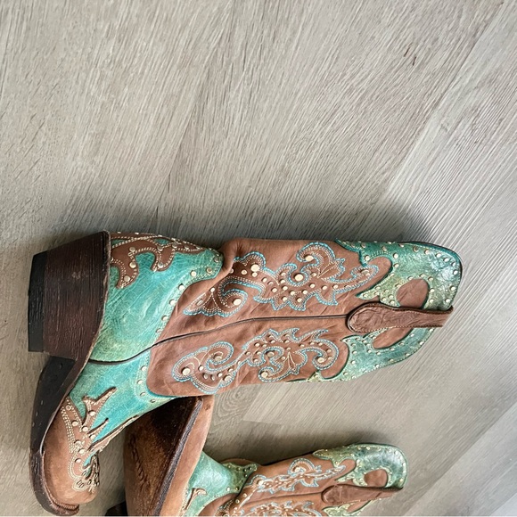 Ferrini Leather Western Boots Turquoise Brown Pointed Toe Studded – Women’s 7.5 - Picture 10 of 14